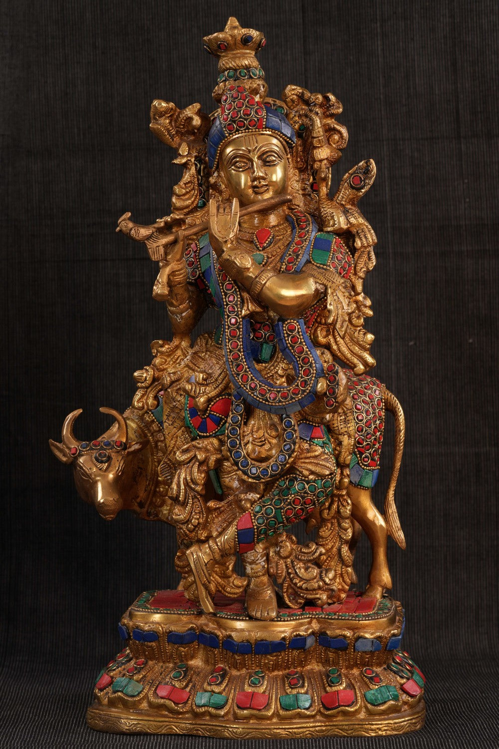 Image of Brass Gem Stone Work Krishna Idol